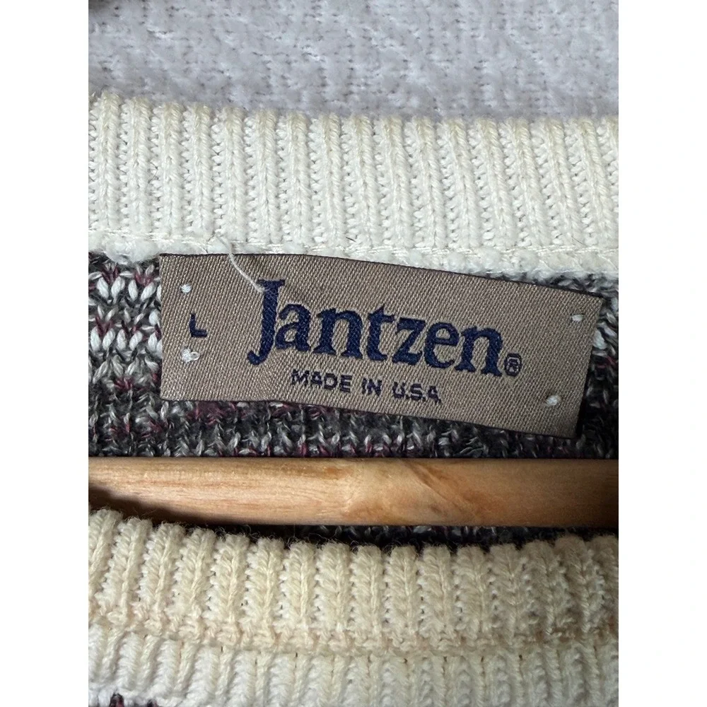 Vintage Jantzen Mens Geometric Intarsia Knit Sweater Grey Burgundy Made in USA L